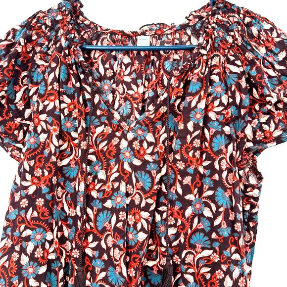 Old Navy Size Large Blouse Red Floral Babydoll Ruffle Ruched Tie Cottagecore‎ - Picture 3 of 6